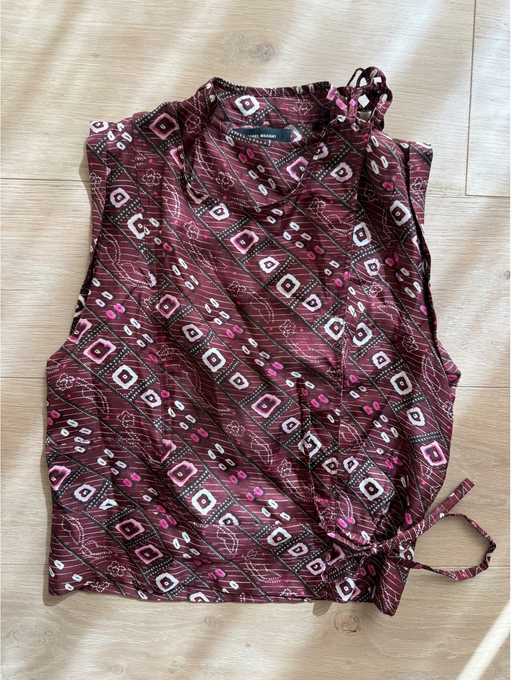 Isabel Marant Silk Printed Wrap Top FR 38 M Red Sleeveless Blouse - Picture 2 of 10